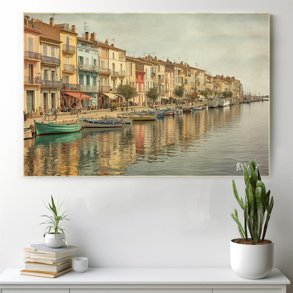 Sakin Kanal Kasabası kanvas tablo — iç mekân uygulama örneği