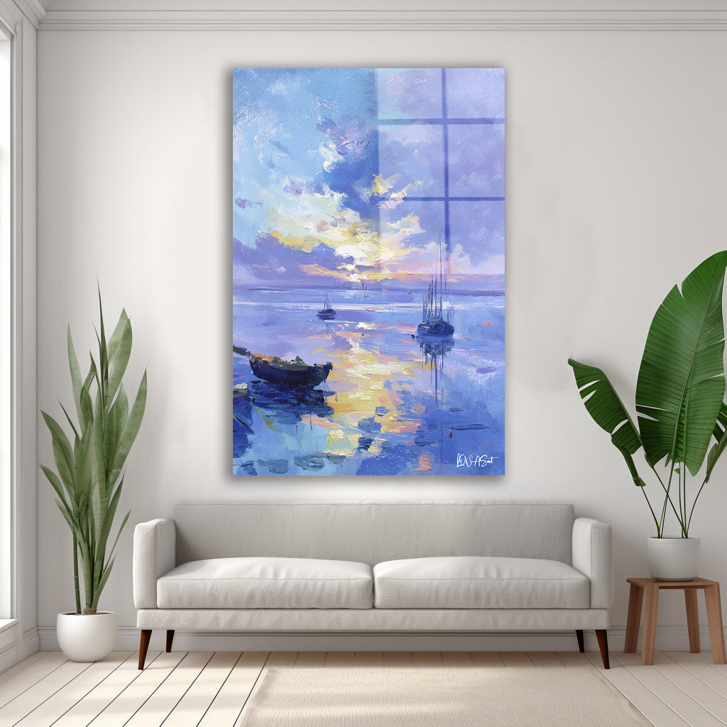 Sakin Limanda Kayık cam tablo — duvarda dekorasyon görünümü