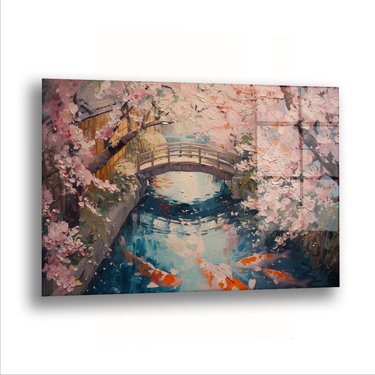 Sakura Köprüsü cam tablo — Köprünün altından koi balıkları geçiyor, üstünden bahar.