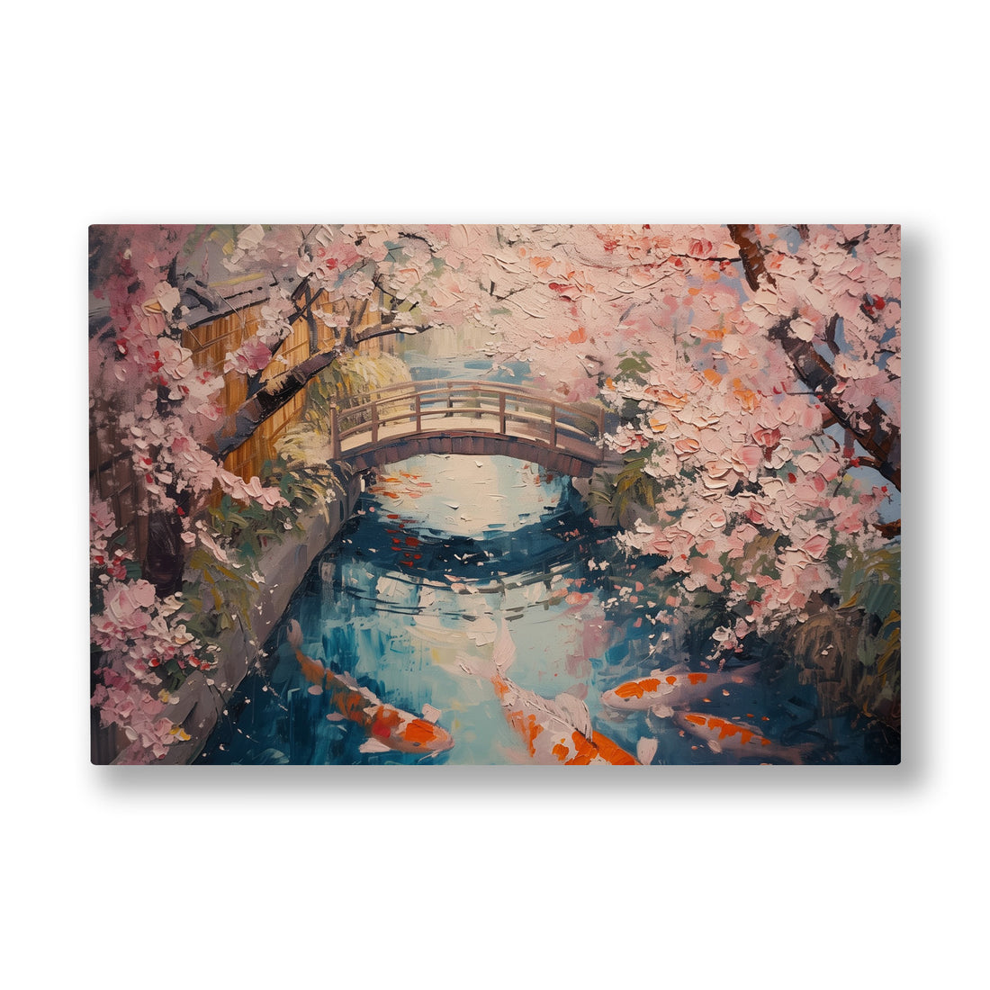 Sakura Köprüsü kanvas tablo — Pembe sakuralar altındaki taş köprü ve suda süzülen turuncu balıklar.
