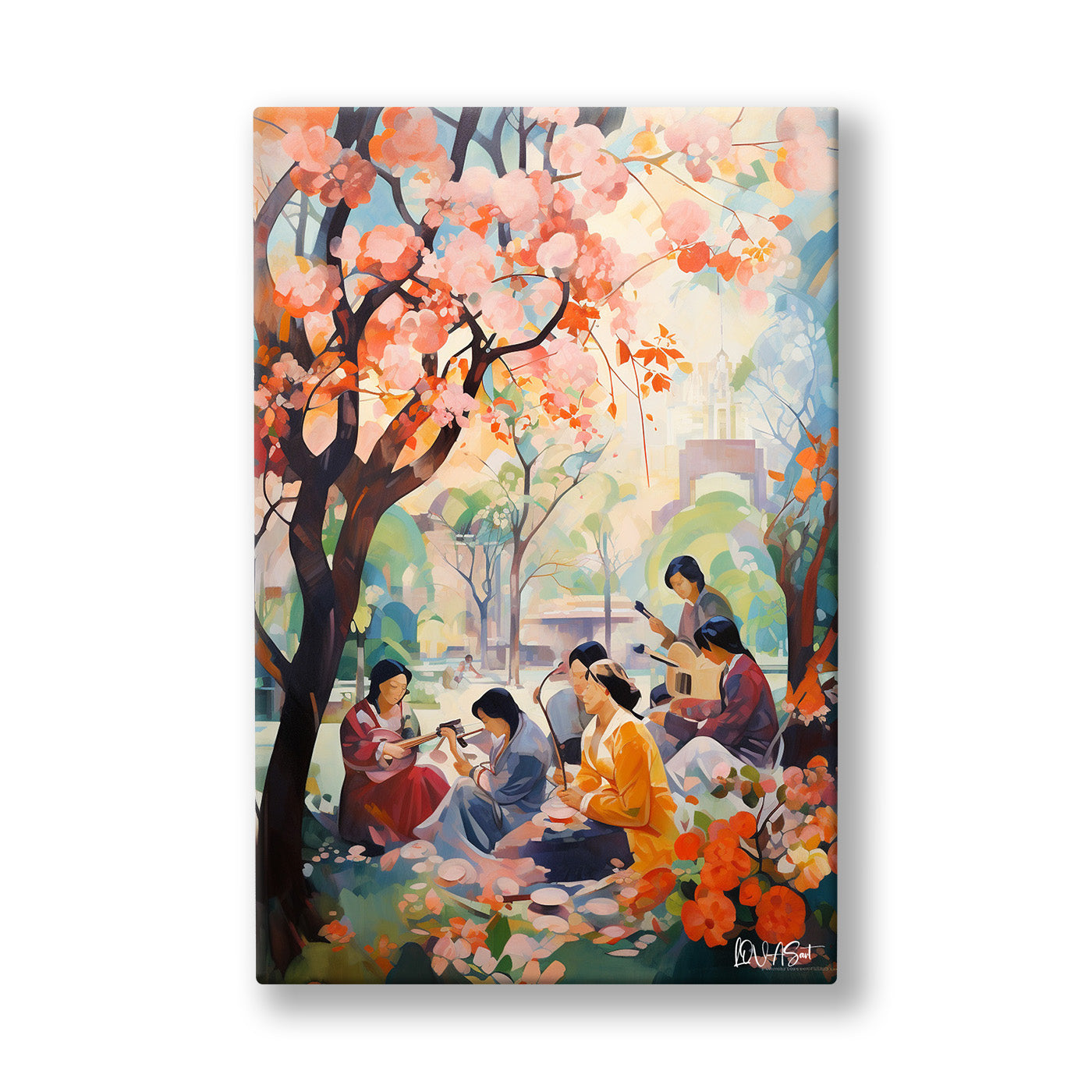 Sakura Piknik kanvas tablo — Çiçek açmış ağaçların altında rengârenk kimonolarla kurulan bahar pikniği.