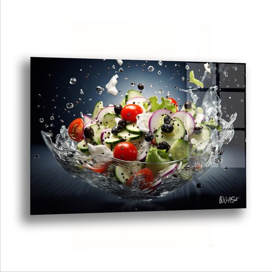 Salata Sıçraması cam tablo — Salata havada, su damlaları onunla birlikte yükseliyor.