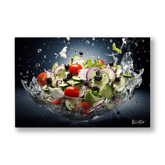 Salata Sıçraması kanvas tablo — Simsiyah fonda cam kâsenin içinden fışkıran taze salata ve su damlaları.