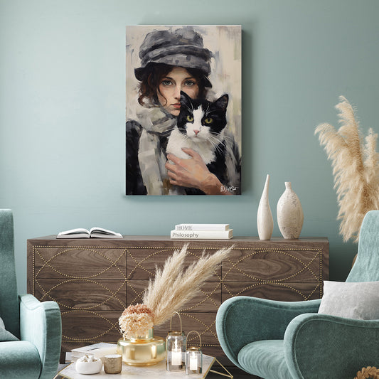 Şapkalı Kadın ve Kedi kanvas tablo — farklı açıdan görünüm