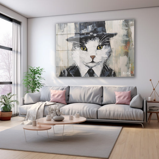Şapkalı Kedi 2 cam tablo — farklı açıdan görünüm