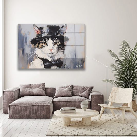 Şapkalı Kedi cam tablo — duvarda dekorasyon görünümü