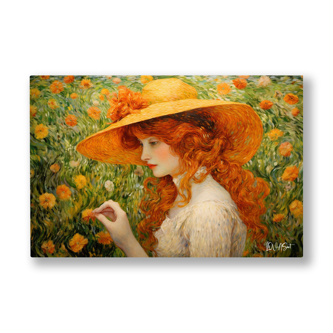 Şapkalı Kır Kadını kanvas tablo — Turuncu kadife çiçeği tarlasında sarı şapkalı kızıl saçlı bir kadın.