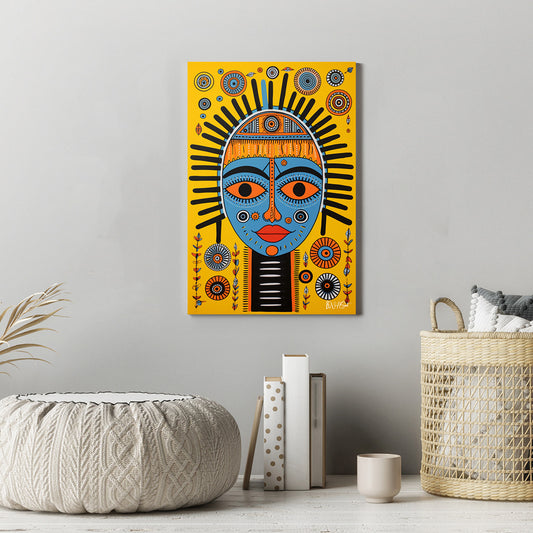 Sarı Afrika Maskesi kanvas tablo — iç mekân uygulama örneği