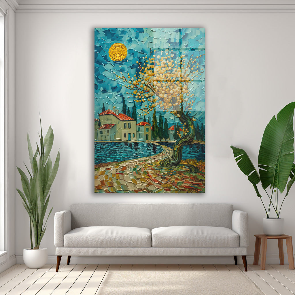 Sarı Ağaçlı Köy cam tablo — duvarda dekorasyon görünümü