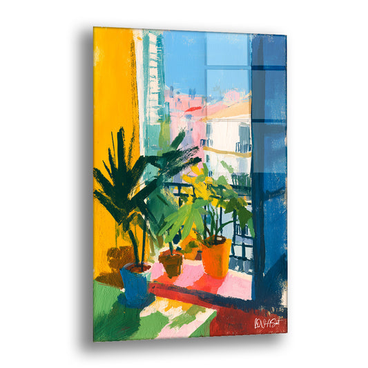 Sarı Balkon Bitkileri cam tablo — açık bir pencerenin önündeki saksı bitkilerini ve renkli bir şehir manzarasını matisse tarz