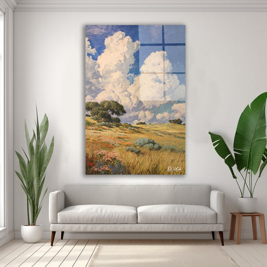 Sarı Çayırda Bulut cam tablo — duvarda dekorasyon görünümü