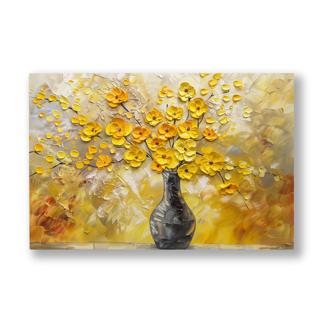 Sarı Çiçek Bulutu kanvas tablo — Koyu vazodan taşan sarı çiçekler kabarık bir bulut gibi yayılıyor.