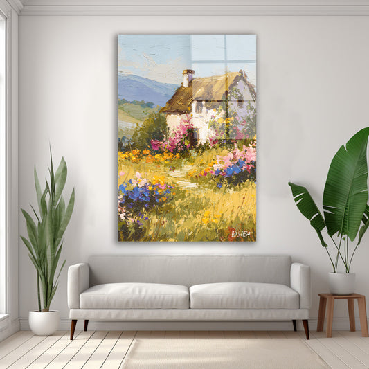 Sarı Çiçekli Ev cam tablo — duvarda dekorasyon görünümü