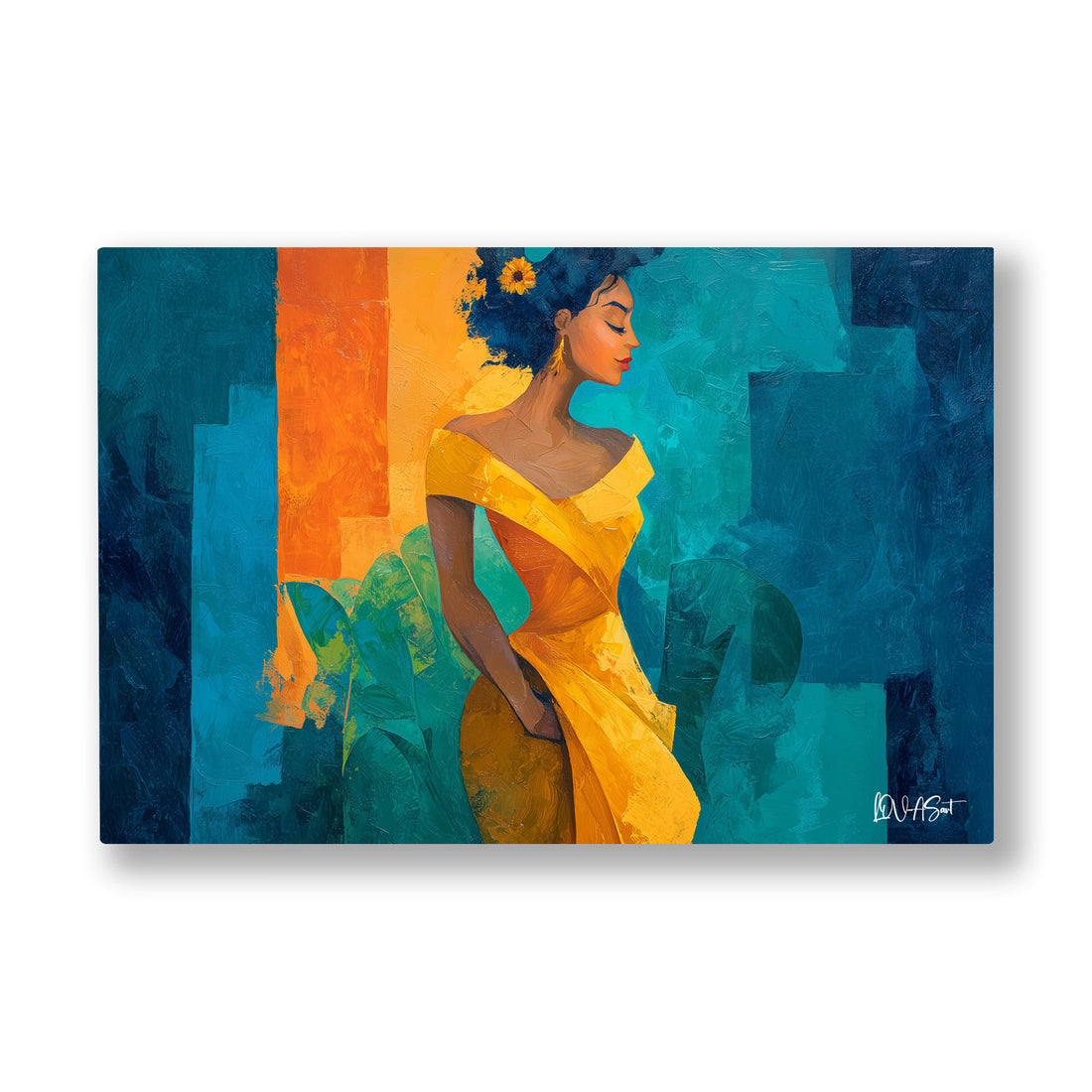 Sarı Elbiseli Kadın 4 kanvas tablo — Turkuaz ve turuncu blokların önünde sarı elbisesiyle oturan kadın.