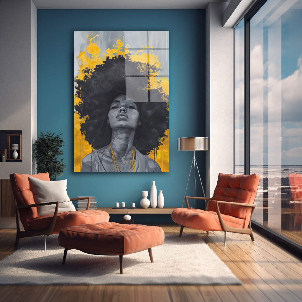 Sarı Fonda Afro Kadın cam tablo — farklı açıdan görünüm