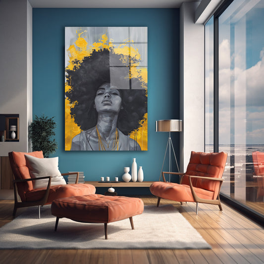 Sarı Fonda Afro Kadın cam tablo — farklı açıdan görünüm