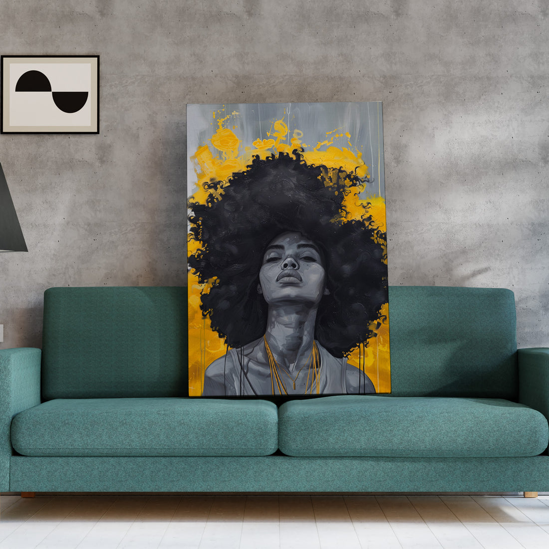 Sarı Fonda Afro Kadın kanvas tablo — farklı açıdan görünüm