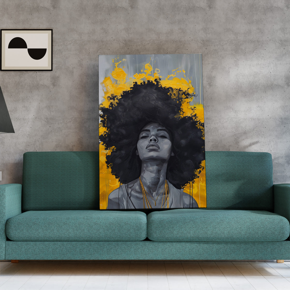 Sarı Fonda Afro Kadın kanvas tablo — farklı açıdan görünüm