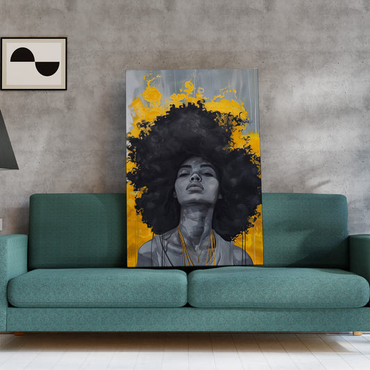Sarı Fonda Afro Kadın kanvas tablo — farklı açıdan görünüm