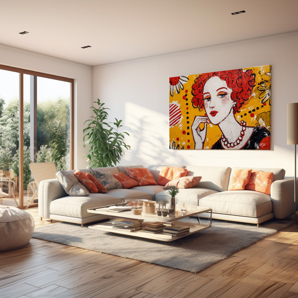 Sarı Fonda Kızıl Saçlı kanvas tablo — alternatif mekân görünümü