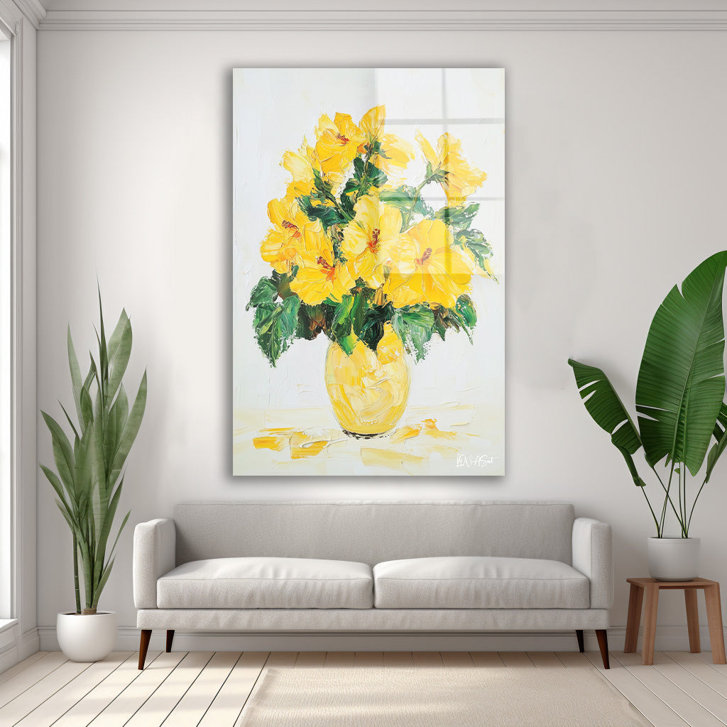 Sarı Hibiscus cam tablo — duvarda dekorasyon görünümü
