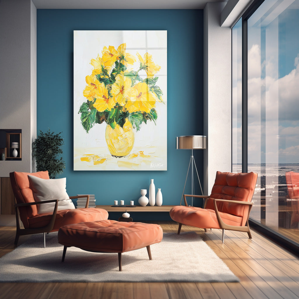 Sarı Hibiscus cam tablo — farklı açıdan görünüm
