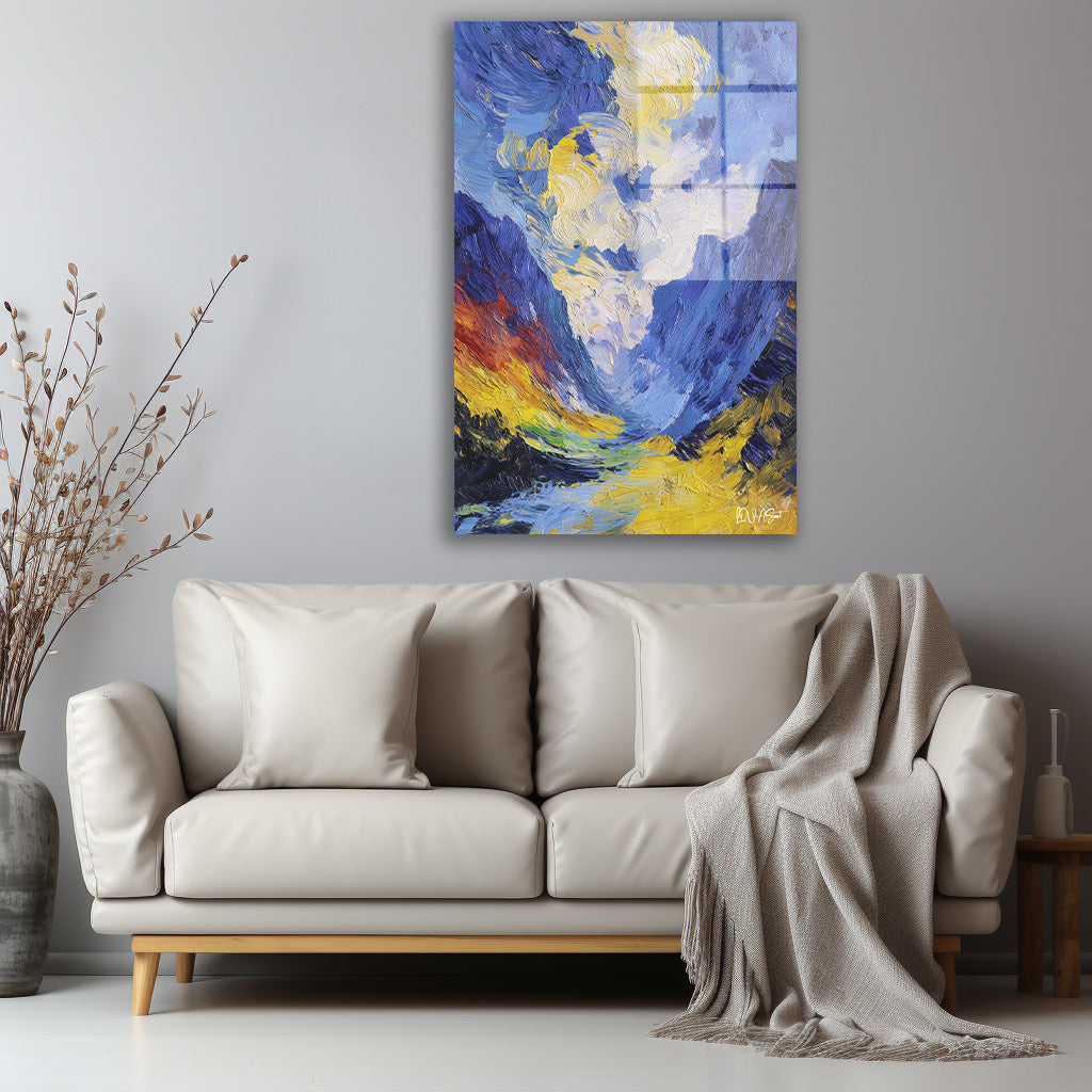 Sarı Işıklı Vadi cam tablo — iç mekân uygulama örneği