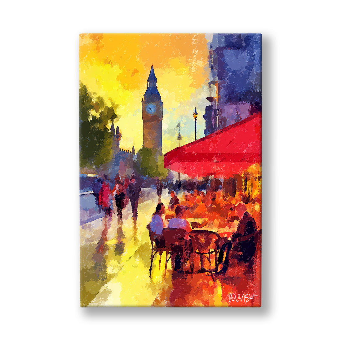 Sarı Işıkta Londra kanvas tablo — Sarı ışıkta Big Ben, kırmızı tenteli kafe ve yağmurlu kaldırım.