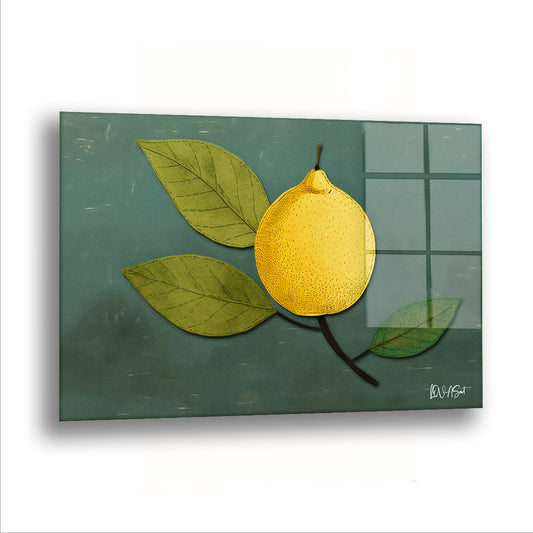 Sarı Limon cam tablo — Tek bir limon, yeşil bir sessizliğin ortasında duruyor.