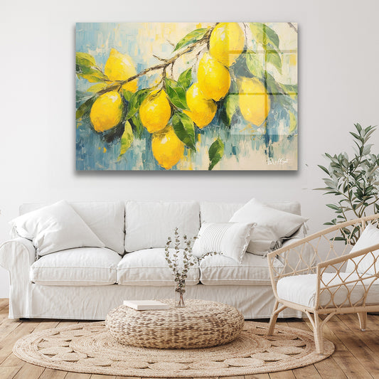 Sarı Limon Dalı cam tablo — duvarda dekorasyon görünümü
