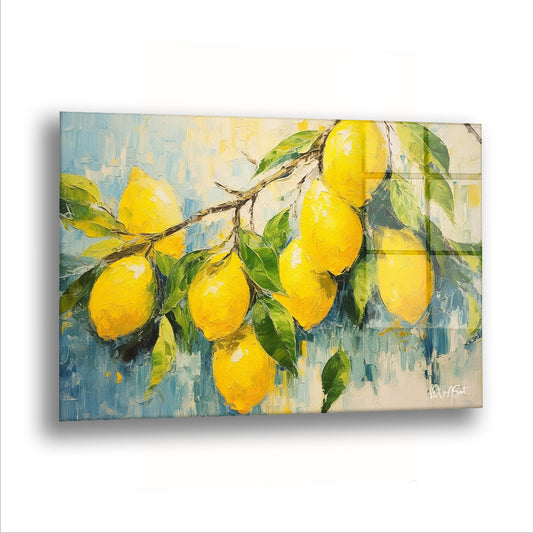 Sarı Limon Dalı cam tablo — Limon dalı, meyvelerin ağırlığıyla hafifçe eğilmiş.