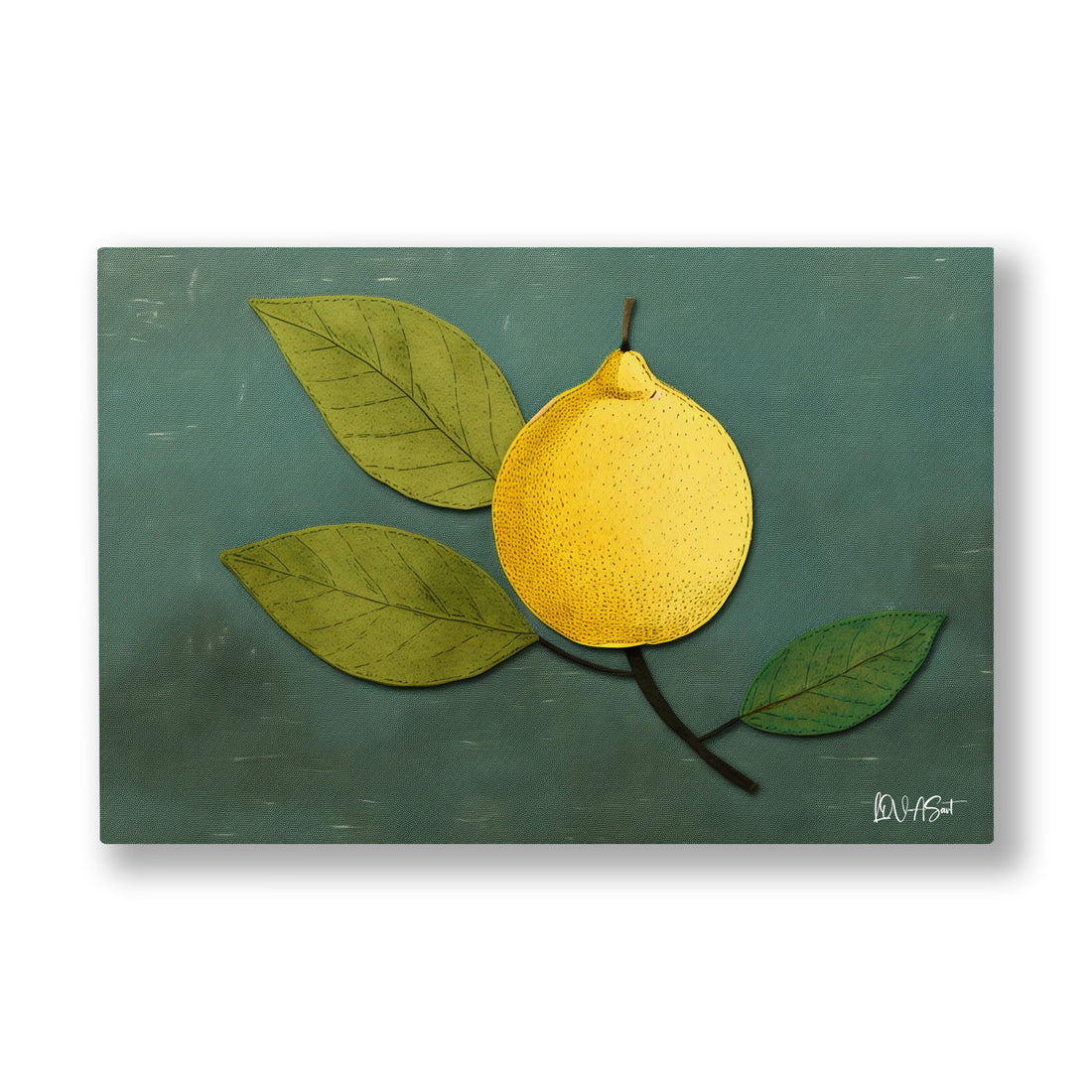 Sarı Limon kanvas tablo — Koyu yeşil bir zeminde tek başına duran, iki yapraklı sade bir limon.
