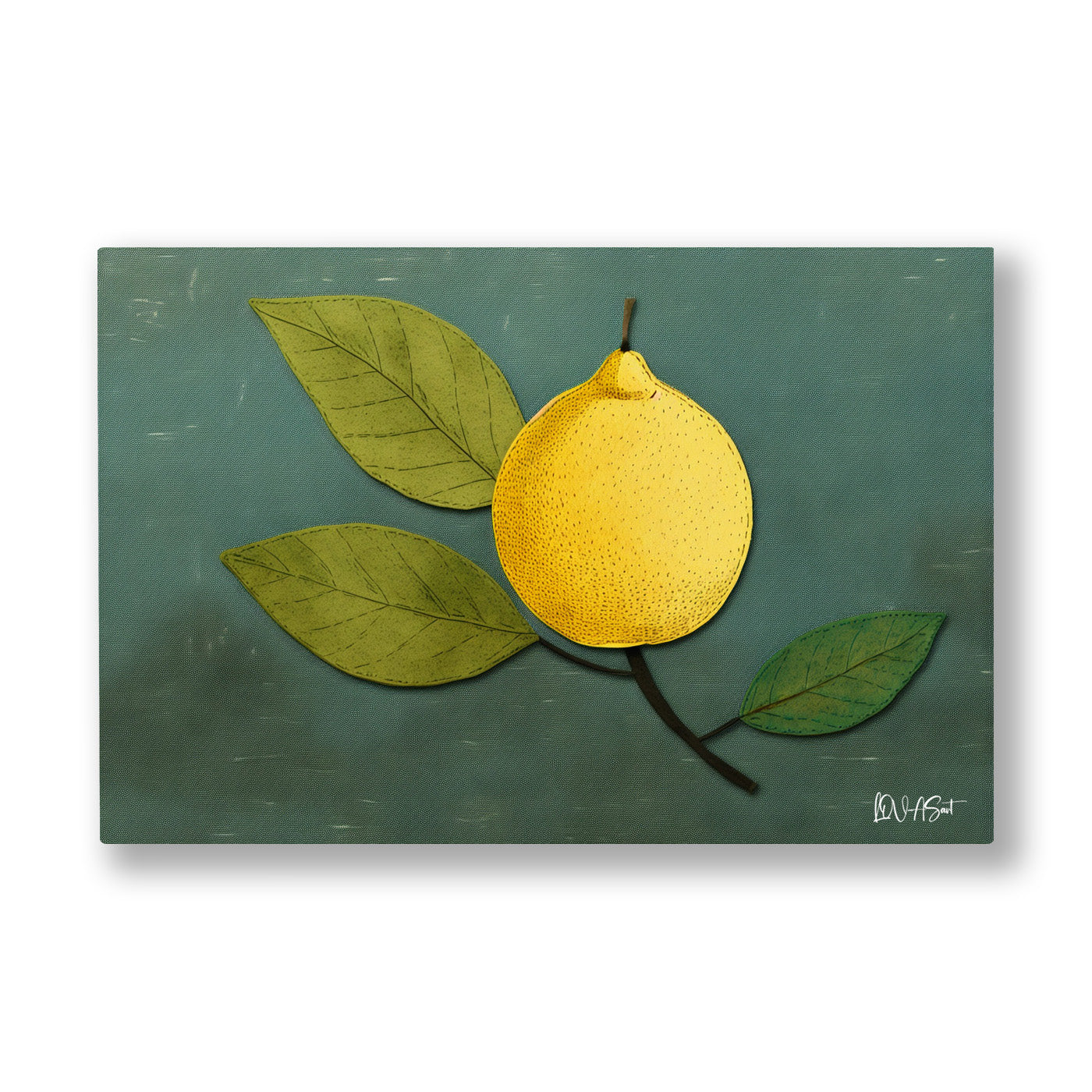 Sarı Limon kanvas tablo — Koyu yeşil bir zeminde tek başına duran, iki yapraklı sade bir limon.