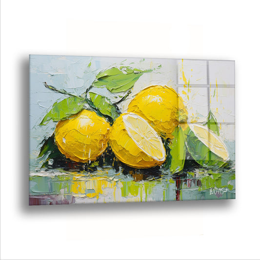 Sarı Limonlar 2 cam tablo — Kesilmiş bir limon, içindeki bütün ışığı gösteriyor.