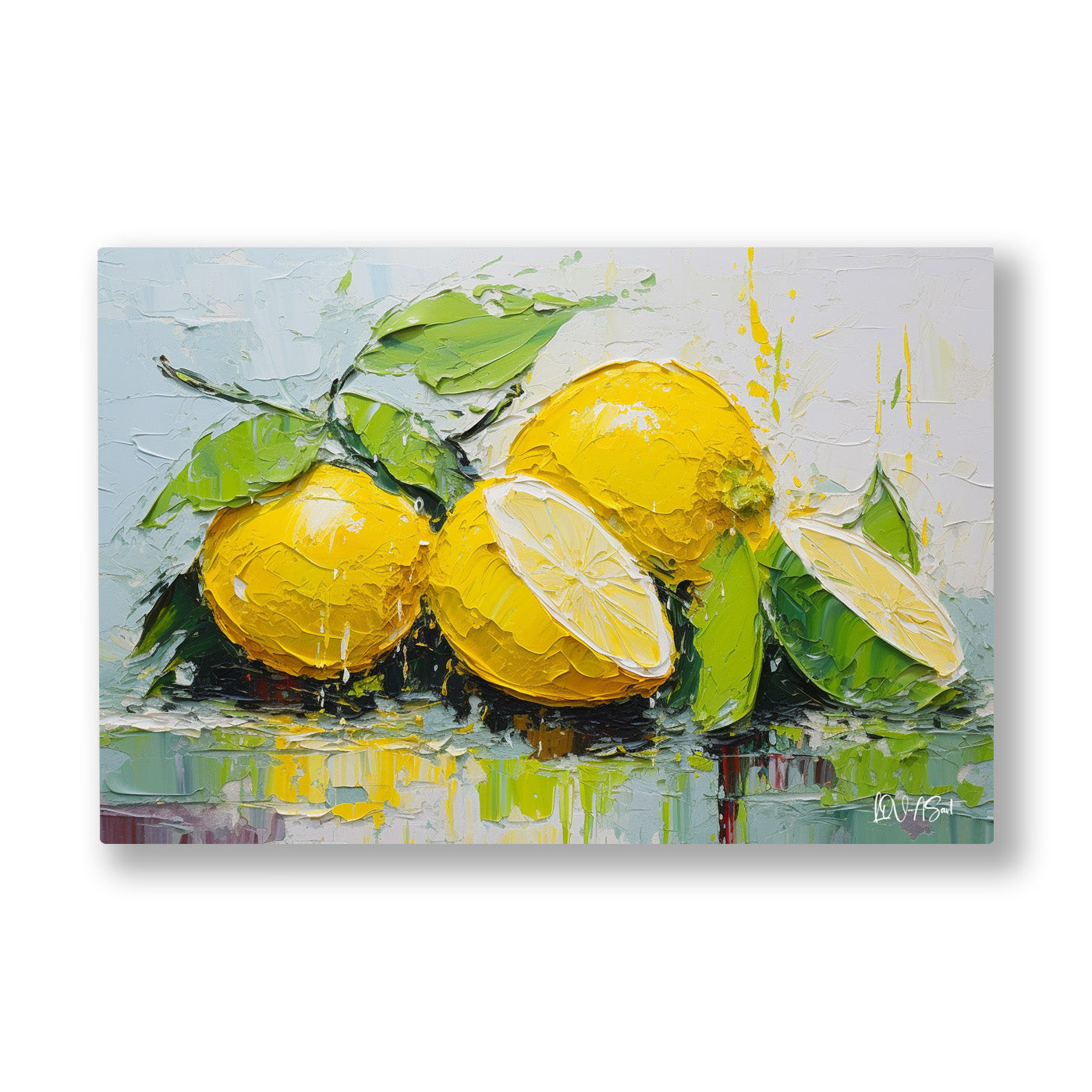 Sarı Limonlar 2 kanvas tablo — Kesilmiş yarımlarıyla masaya yayılmış parlak sarı limon yığını.