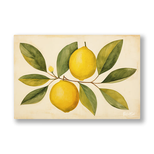 Sarı Limonlar 3 kanvas tablo — Krem bir zemine botanik çizim gibi yerleşmiş üç limon ve yaprakları.