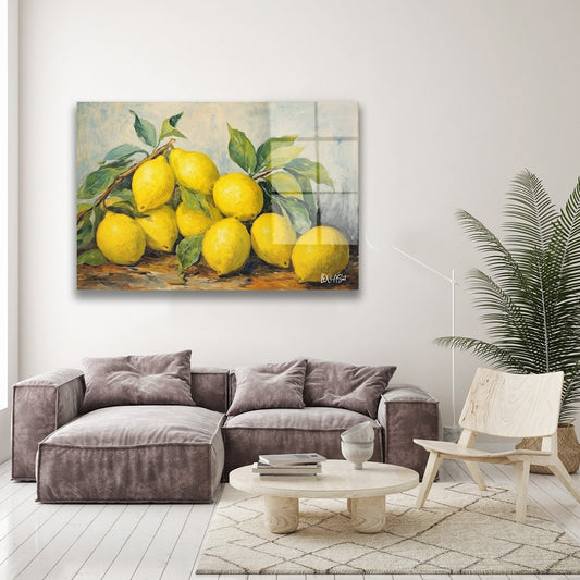 Sarı Limonlar cam tablo — duvarda dekorasyon görünümü