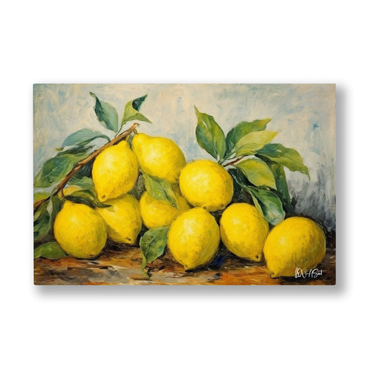 Sarı Limonlar kanvas tablo — Yaprakların arasına sıkışmış onlarca limonun bereketli sarısı.