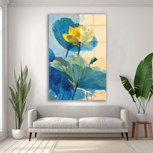 Sarı Lotus cam tablo — duvarda dekorasyon görünümü