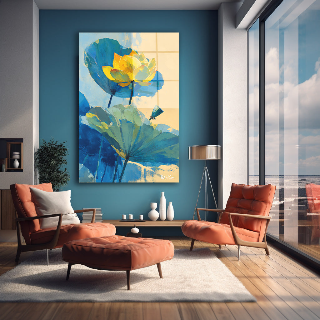 Sarı Lotus cam tablo — farklı açıdan görünüm
