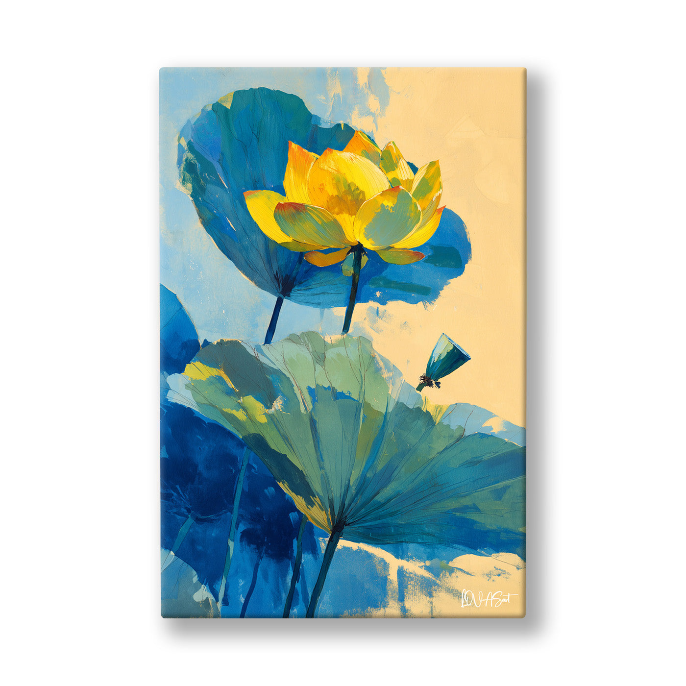 Sarı Lotus kanvas tablo — Petrol mavisi yaprakların üstünde açan tek bir altın sarısı lotus.