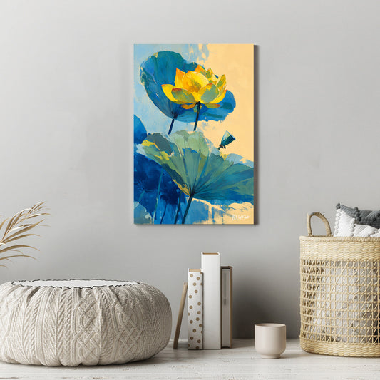 Sarı Lotus kanvas tablo — iç mekân uygulama örneği