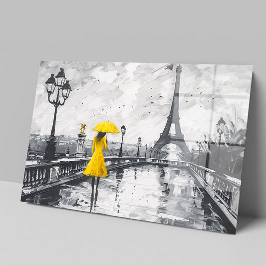 Sarı Şemsiyeli Paris cam tablo — iç mekân uygulama örneği