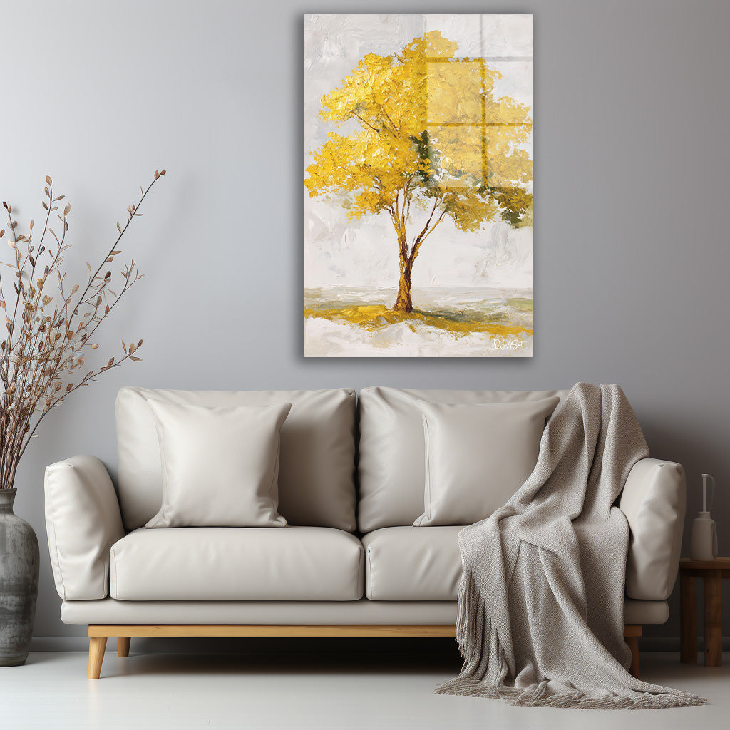 Sarı Yapraklı Ağaç 5 cam tablo — iç mekân uygulama örneği