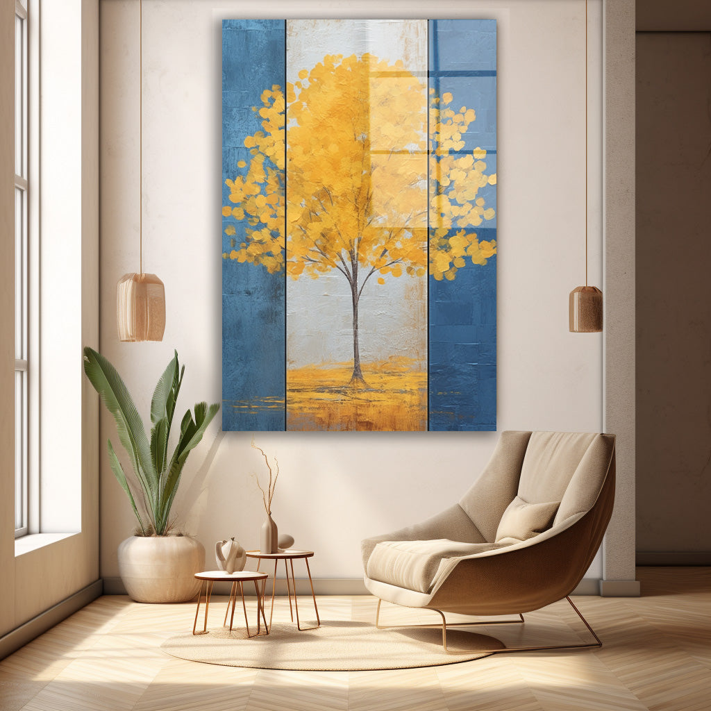 Sarı Yapraklı Ağaç ve Mavi Panolar cam tablo — duvarda dekorasyon görünümü