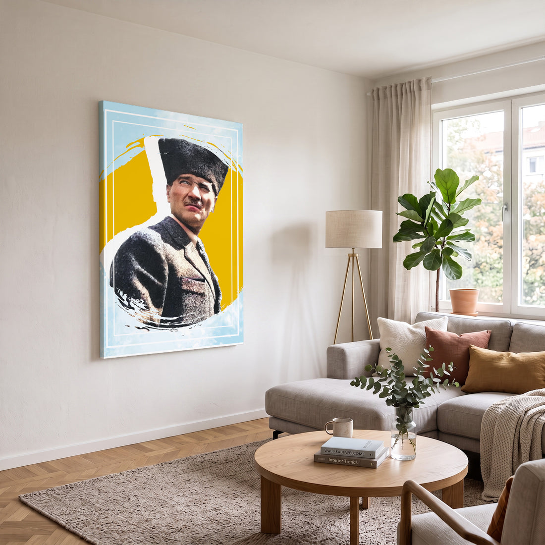 Sarı Zeminde Kalpaklı Atatürk kanvas tablo — farklı açıdan görünüm
