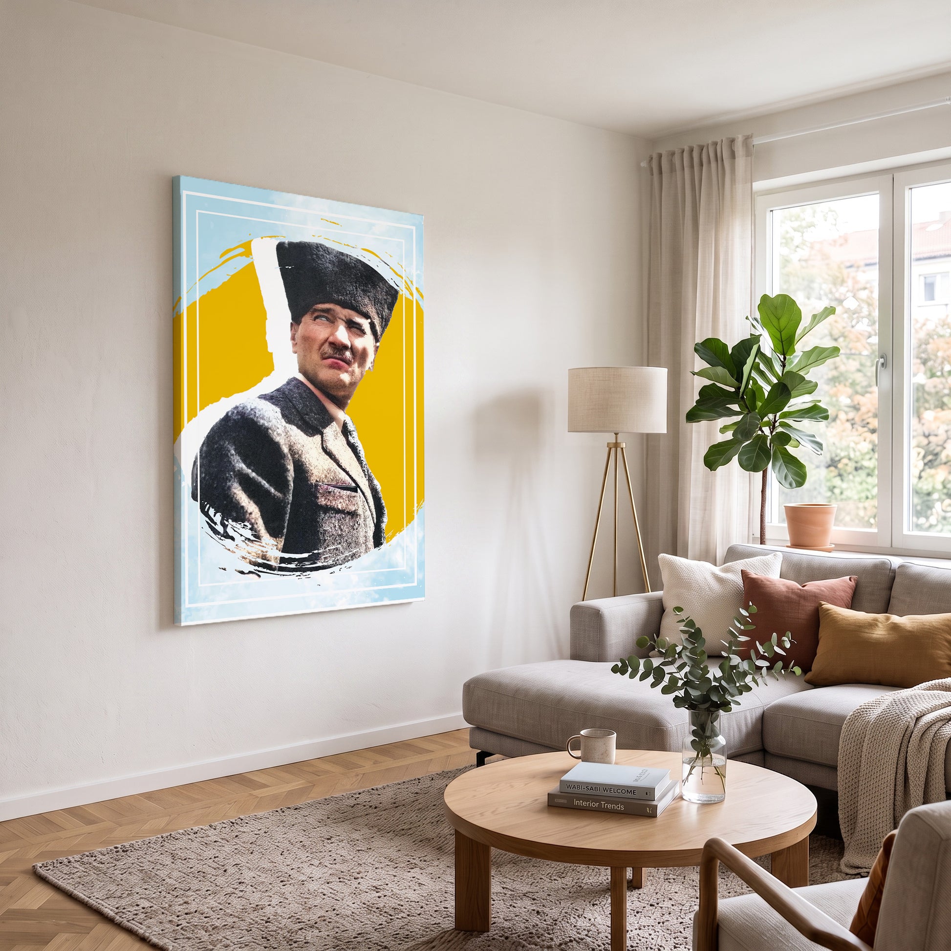 Sarı Zeminde Kalpaklı Atatürk kanvas tablo — farklı açıdan görünüm