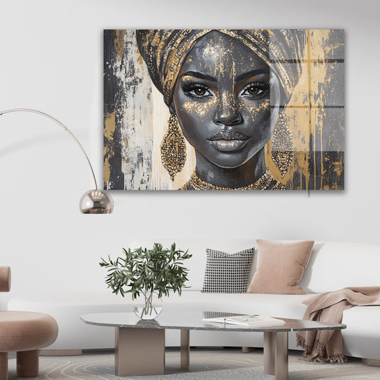 Sarıklı Afrikalı Kadın 2 cam tablo — duvarda dekorasyon görünümü