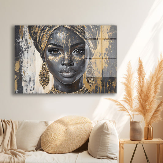 Sarıklı Afrikalı Kadın 2 cam tablo — iç mekân uygulama örneği