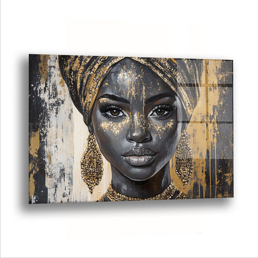 Sarıklı Afrikalı Kadın 2 cam tablo — Altın sarığıyla bakan bir yüz, sessiz bir asalet taşıyor.